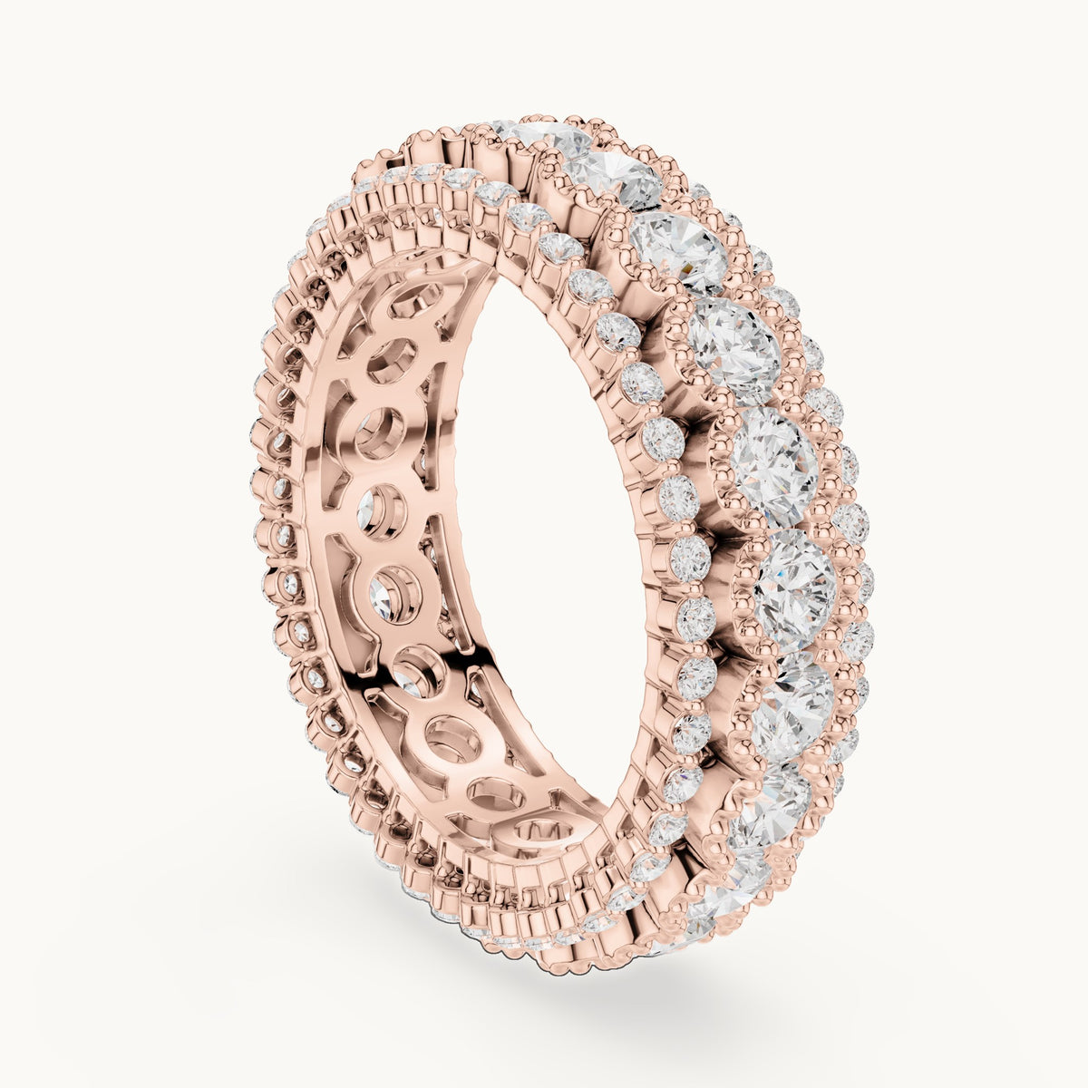 Round lab-grown diamond three-row bezel full eternity band in rose gold, 3.212 CT TW, view 1