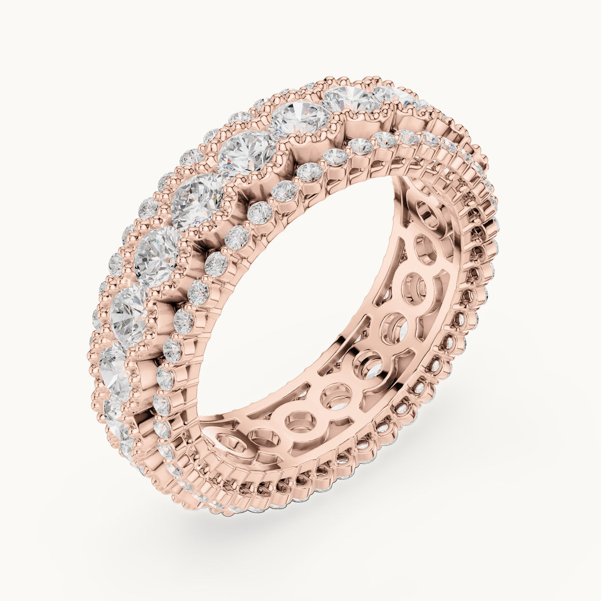 Round lab-grown diamond three-row bezel full eternity band in rose gold, 3.212 CT TW, view 2