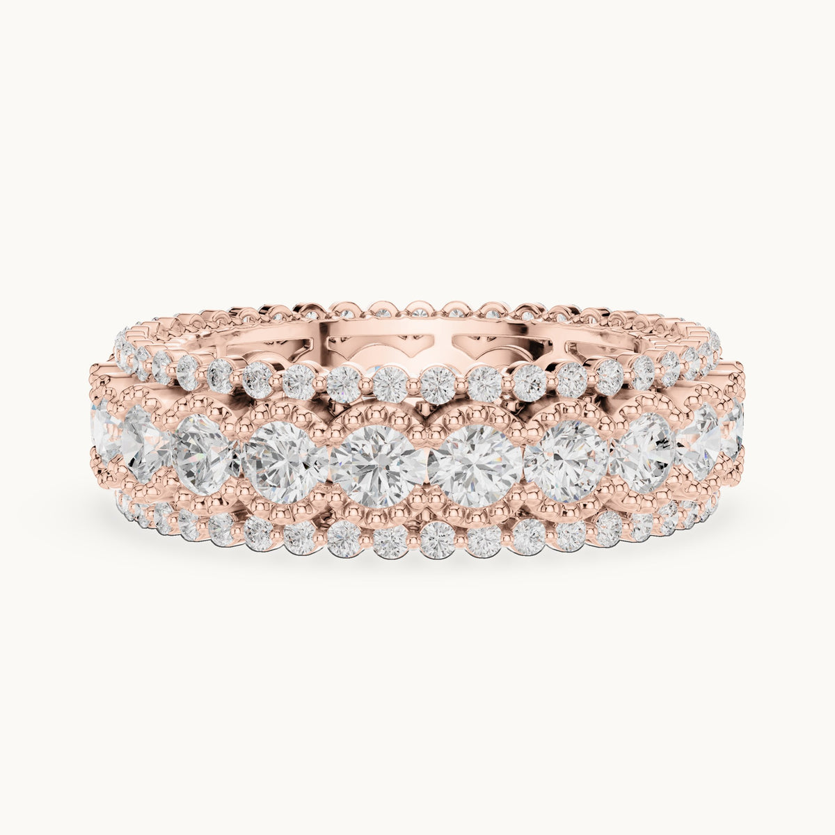Round lab-grown diamond three-row bezel full eternity band in rose gold, 3.212 CT TW, view 3