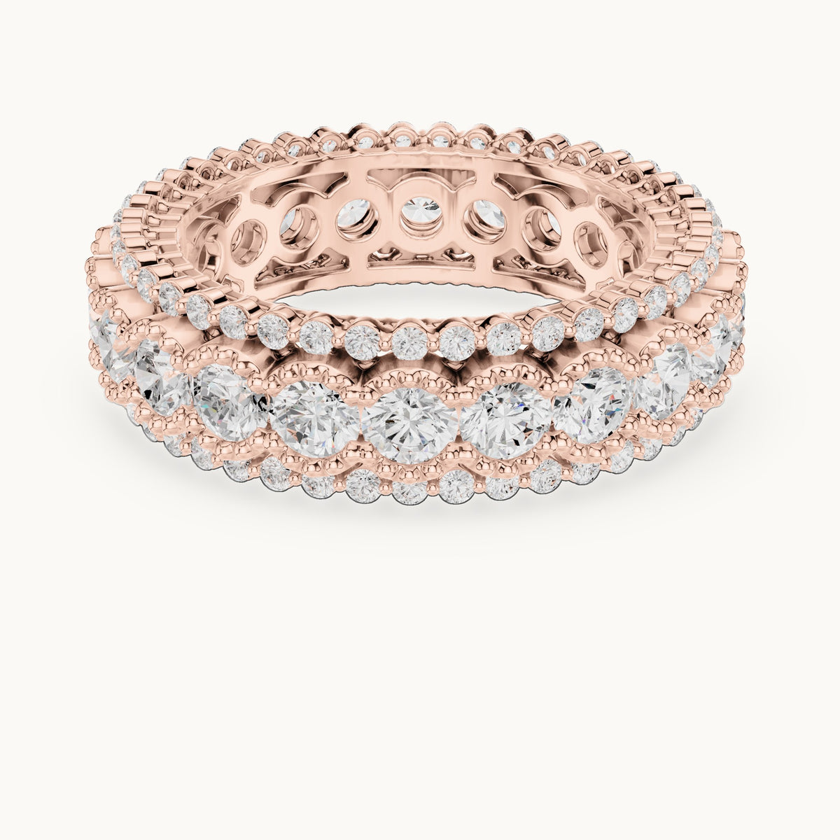 Round lab-grown diamond three-row bezel full eternity band in rose gold, 3.212 CT TW, view 4