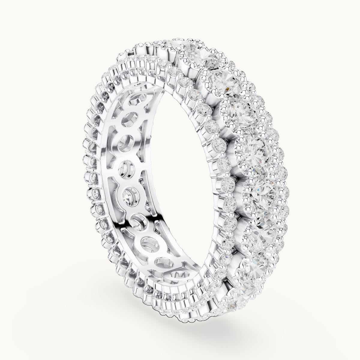 Round lab-grown diamond three-row bezel full eternity band in white gold, 3.212 CT TW, view 1