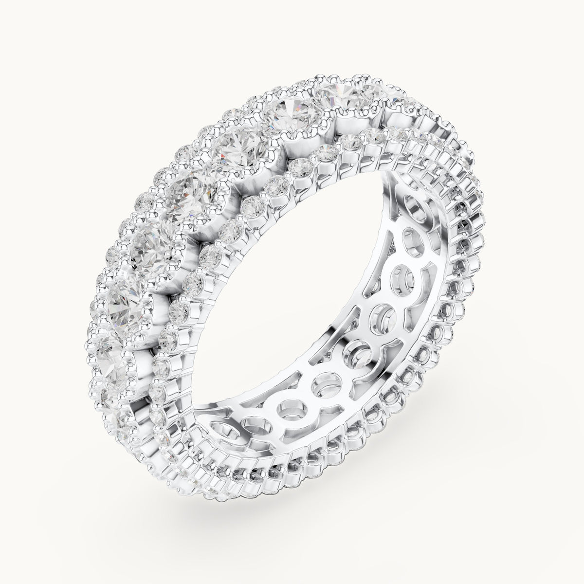 Round lab-grown diamond three-row bezel full eternity band in white gold, 3.212 CT TW, view 2