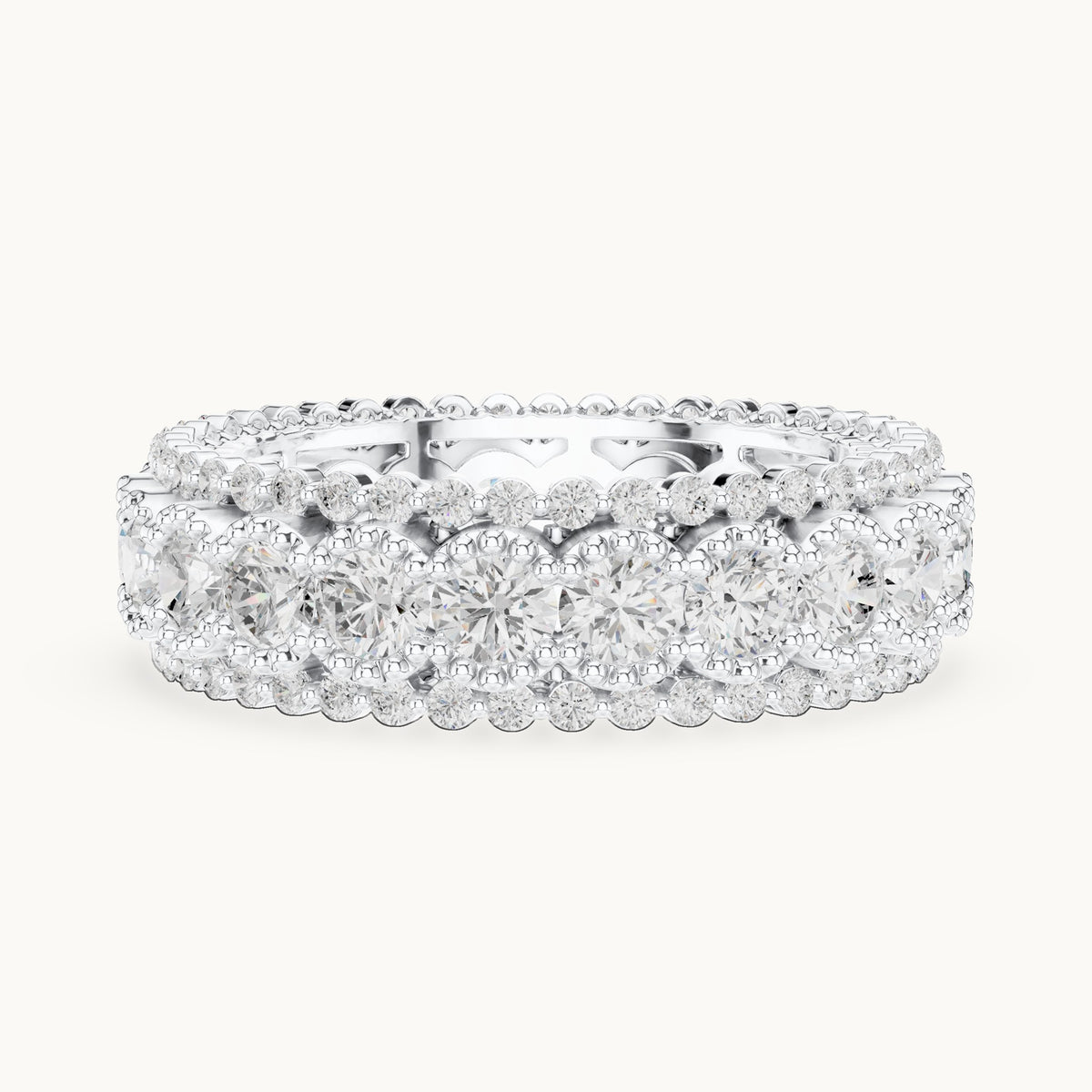 Round lab-grown diamond three-row bezel full eternity band in white gold, 3.212 CT TW, view 3