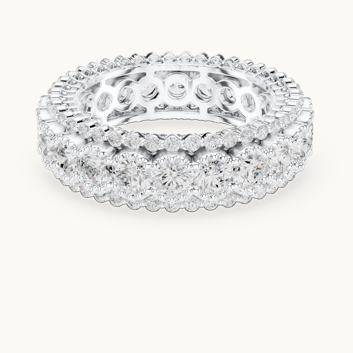 Round lab-grown diamond three-row bezel full eternity band in white gold, 3.212 CT TW, view 4
