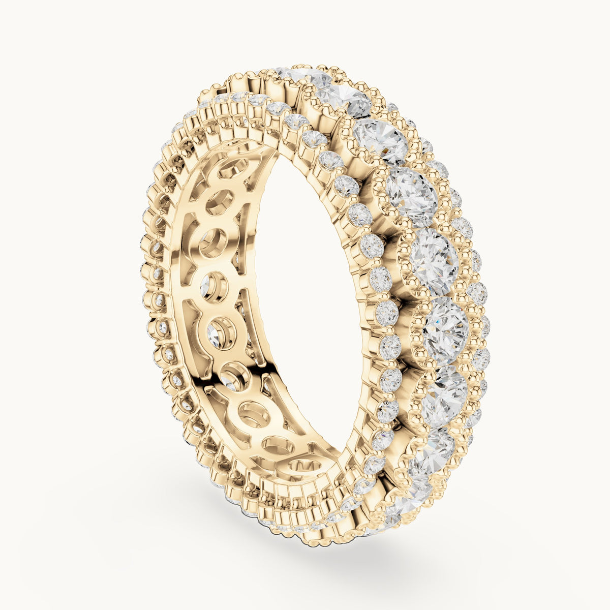 Round lab-grown diamond three-row bezel full eternity band in yellow gold, 3.212 CT TW, view 1