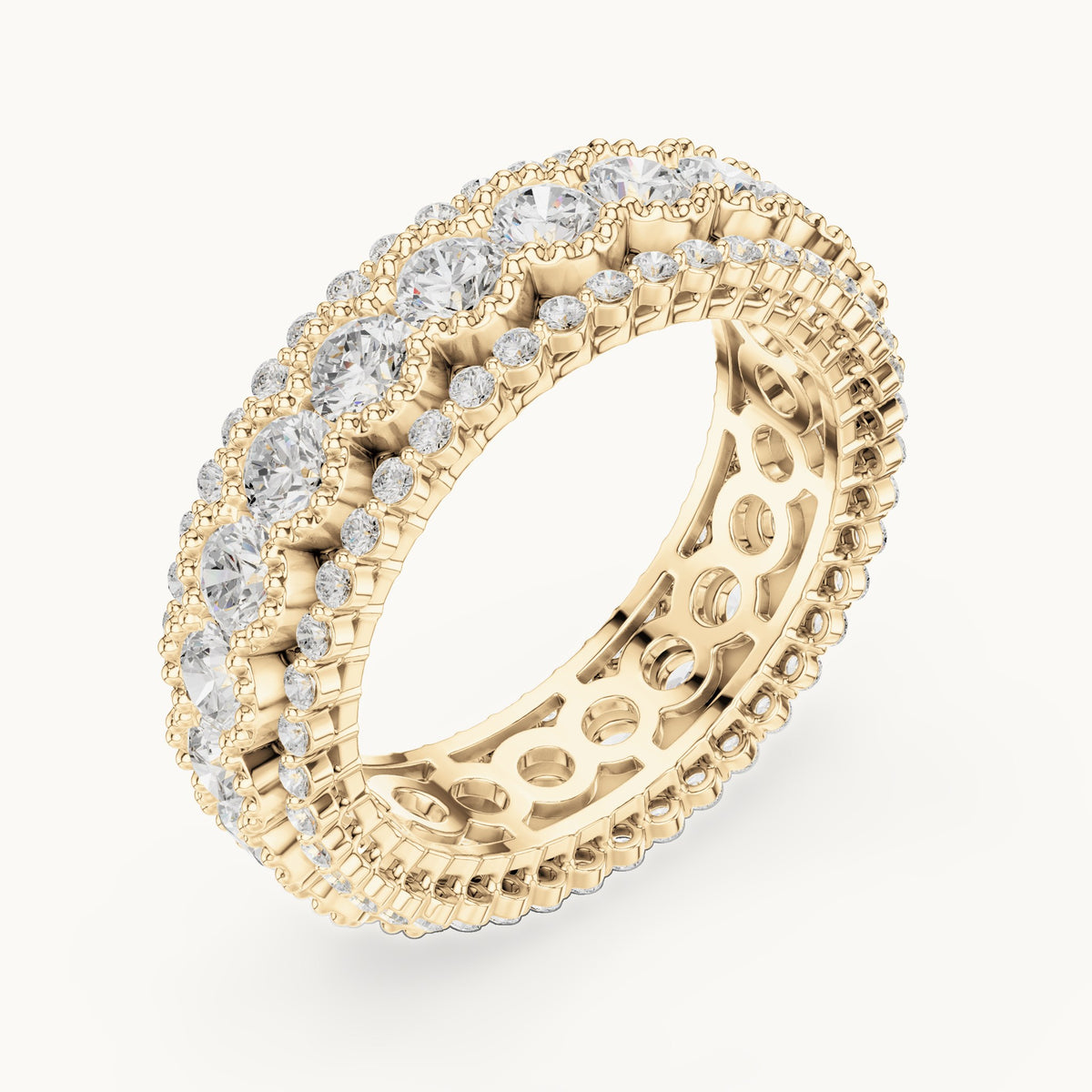 Round lab-grown diamond three-row bezel full eternity band in yellow gold, 3.212 CT TW, view 2