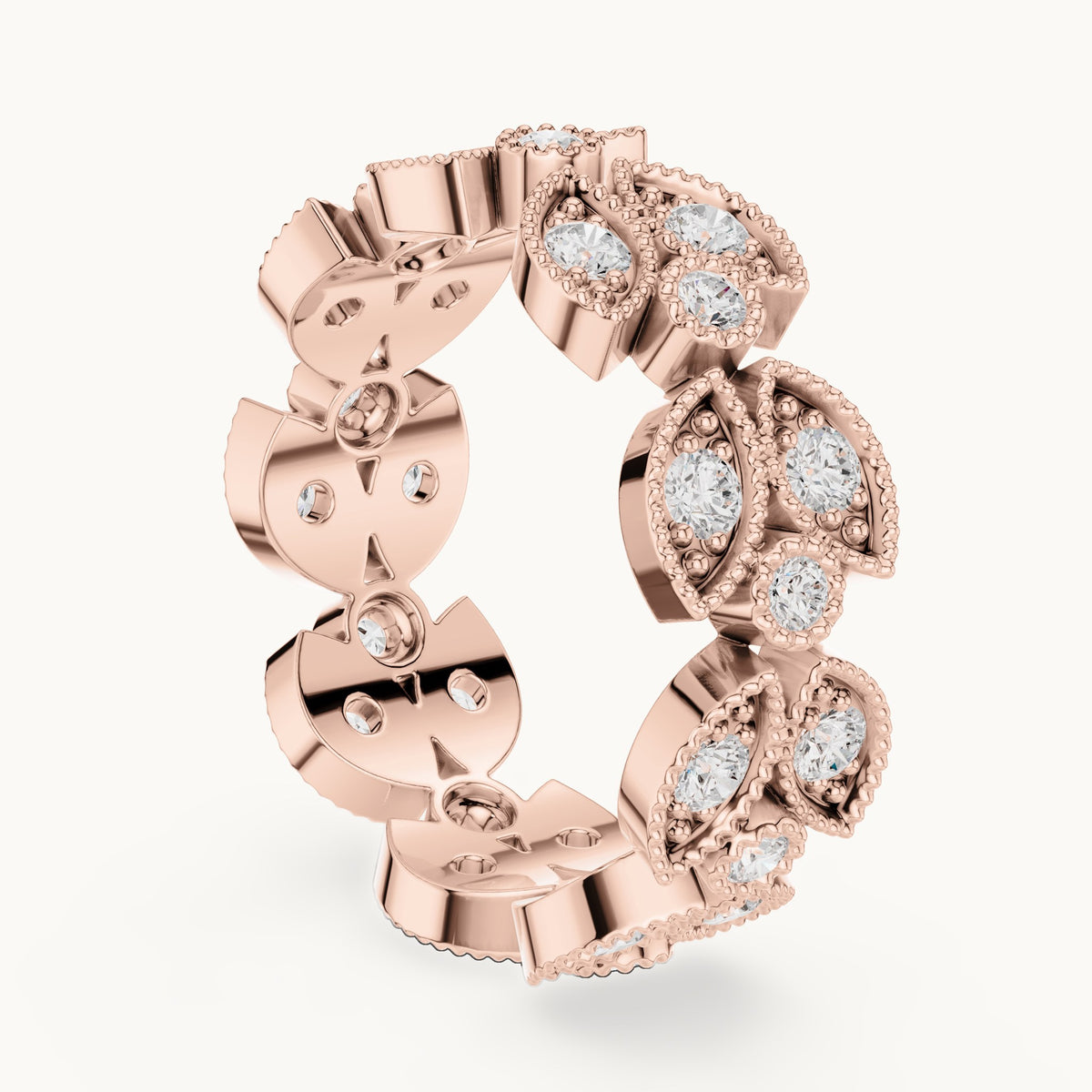 Round lab-grown diamond leaf full eternity band in rose gold, 1.05 CT TW, view 1