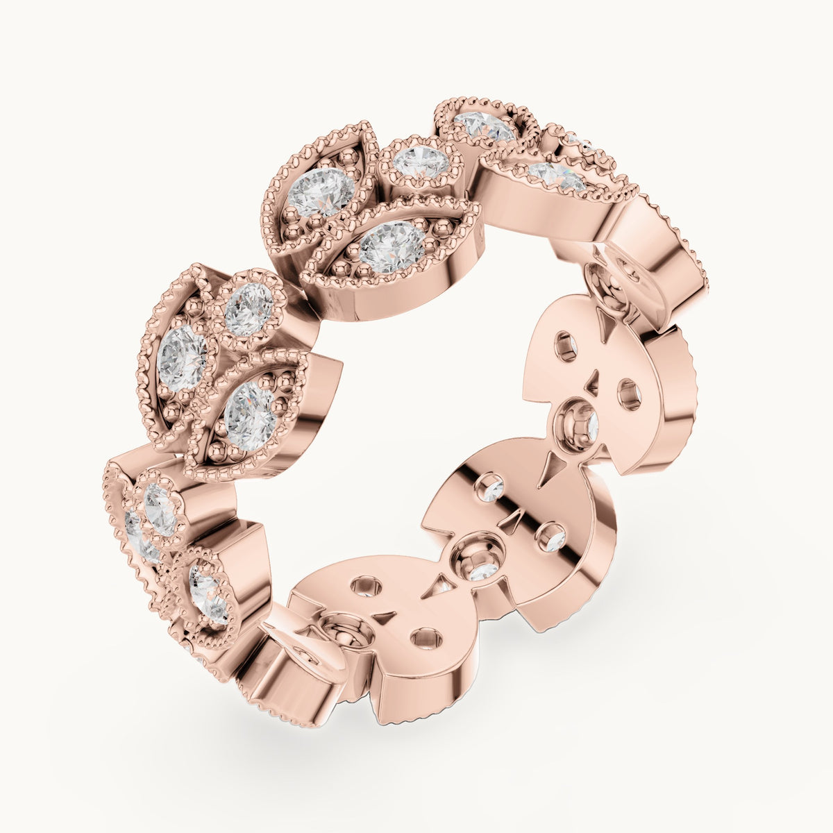 Round lab-grown diamond leaf full eternity band in rose gold, 1.05 CT TW, view 2