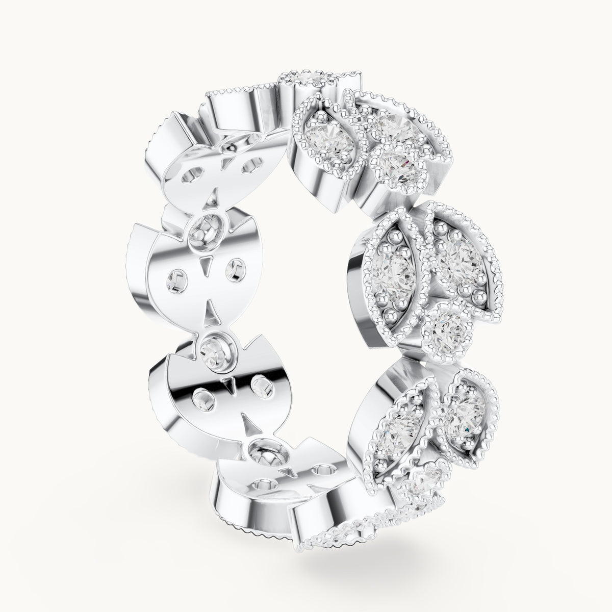 Round lab-grown diamond leaf full eternity band in white gold, 1.05 CT TW, view 1