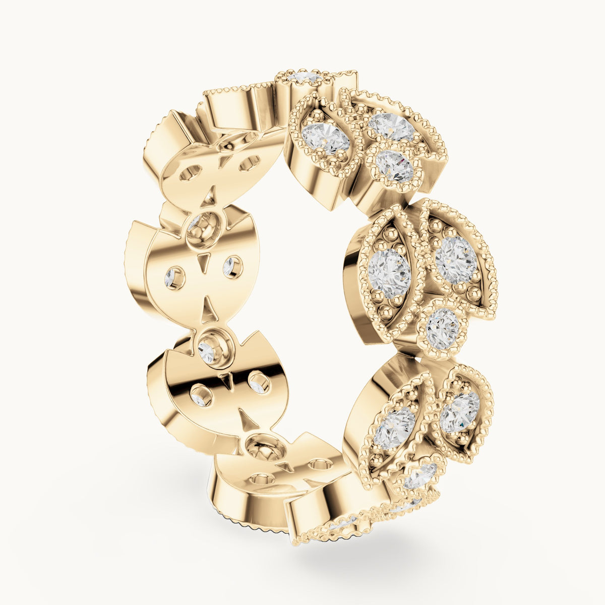 Round lab-grown diamond leaf full eternity band in yellow gold, 1.05 CT TW, view 1