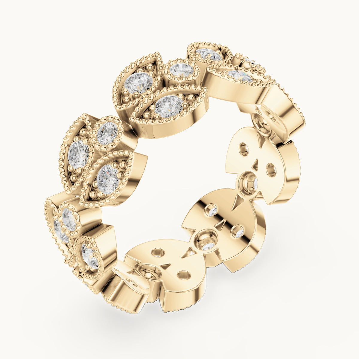 Round lab-grown diamond leaf full eternity band in yellow gold, 1.05 CT TW, view 2