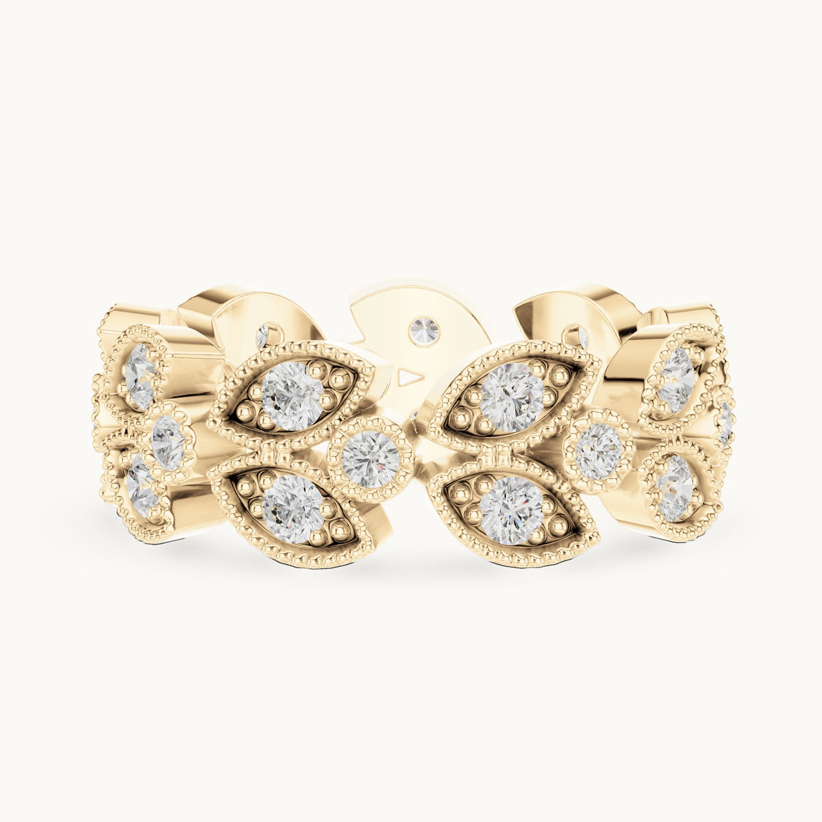 Round lab-grown diamond leaf full eternity band in yellow gold, 1.05 CT TW, view 3