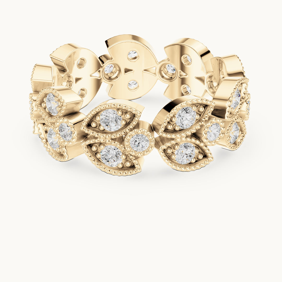 Round lab-grown diamond leaf full eternity band in yellow gold, 1.05 CT TW, view 4