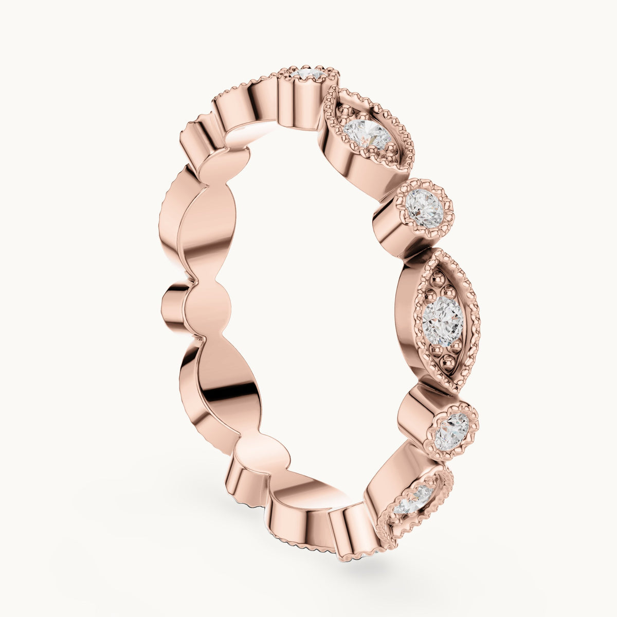 Round lab-grown diamond milgrain station full eternity band in rose gold, 0.49 CT TW, view 1