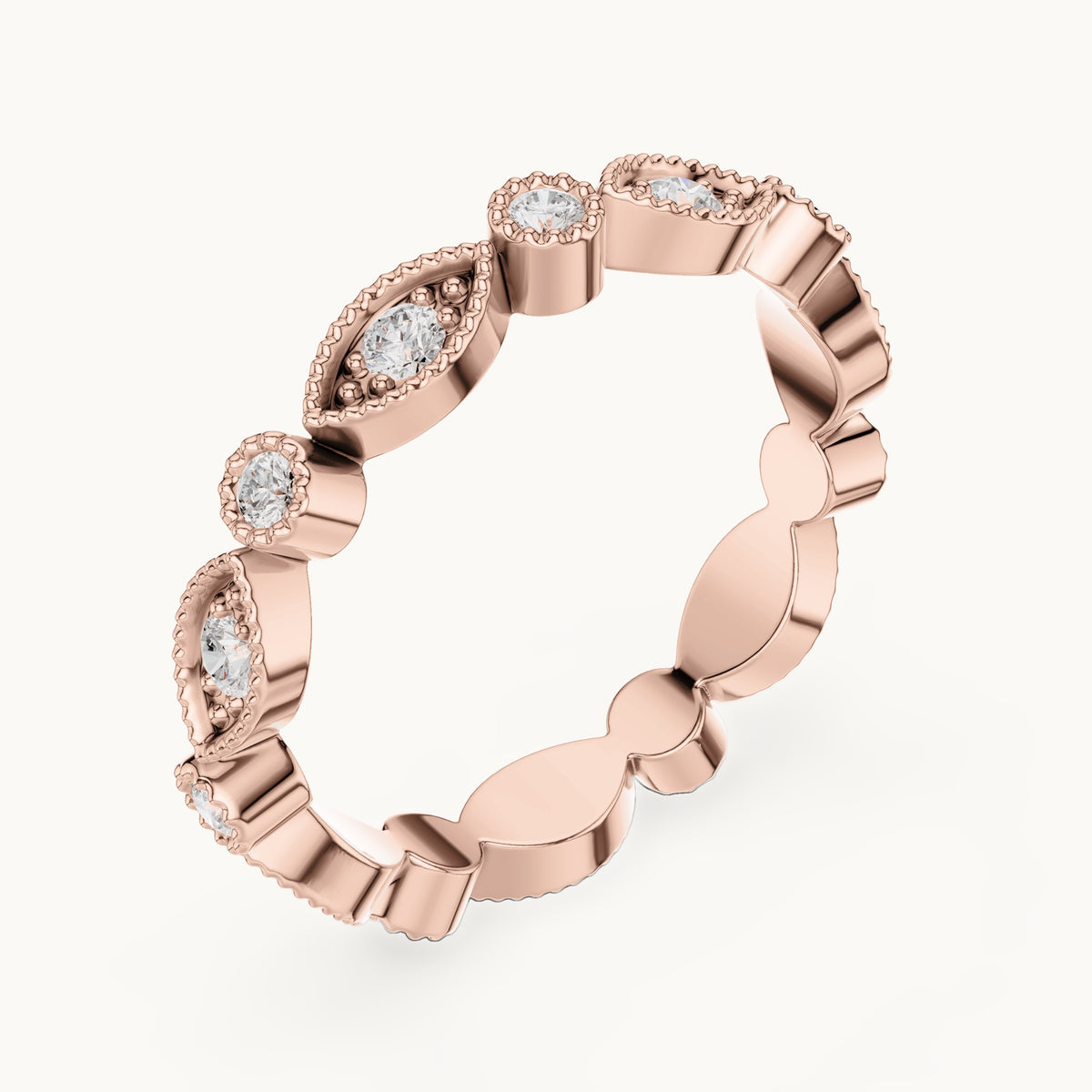 Round lab-grown diamond milgrain station full eternity band in rose gold, 0.49 CT TW, view 2
