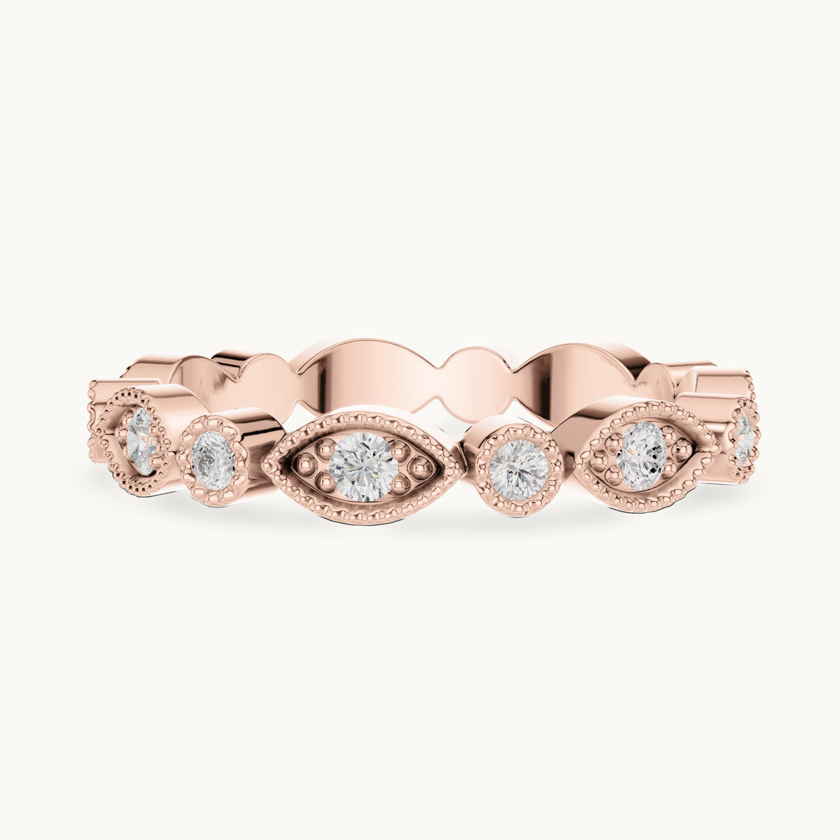 Round lab-grown diamond milgrain station full eternity band in rose gold, 0.49 CT TW, view 3