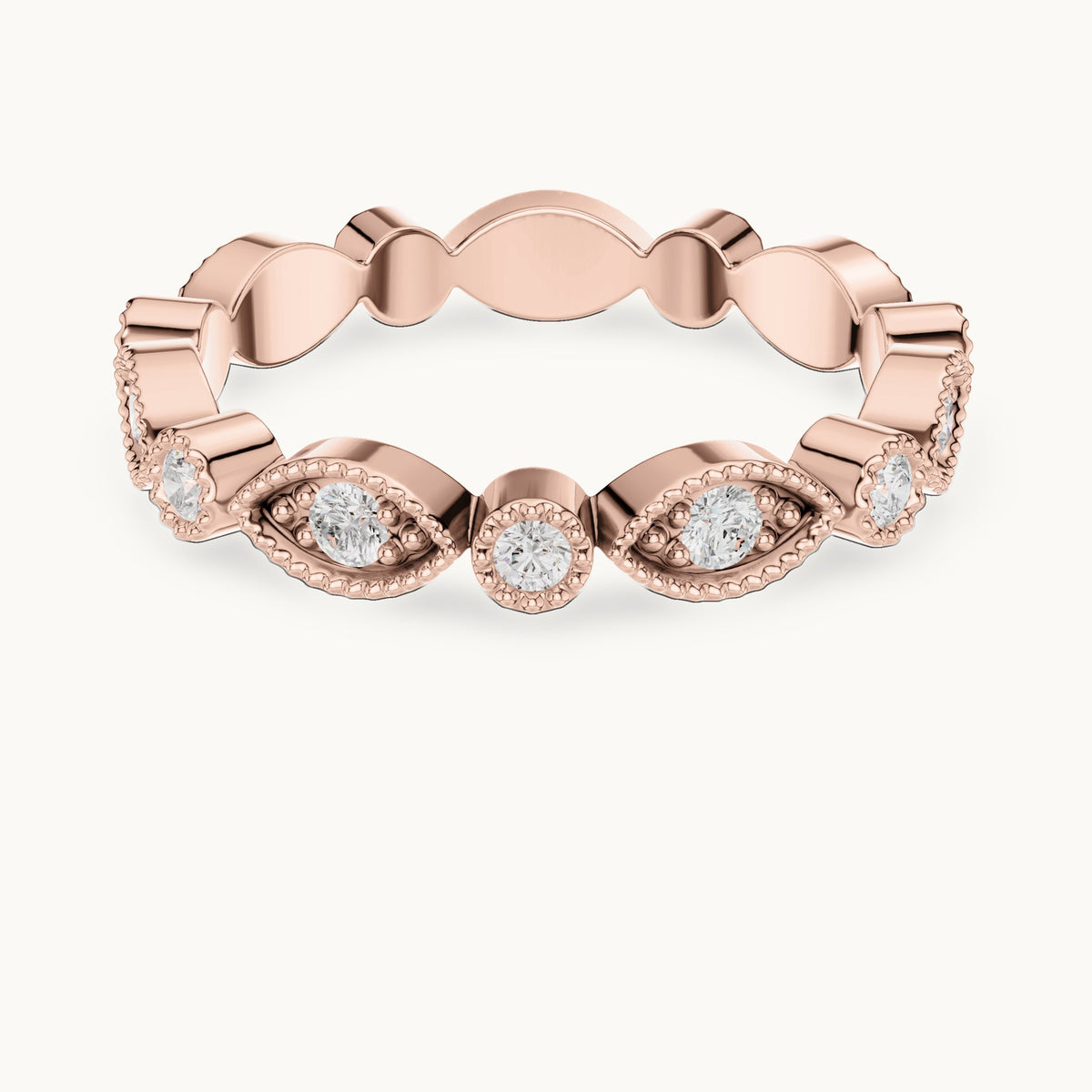 Round lab-grown diamond milgrain station full eternity band in rose gold, 0.49 CT TW, view 4