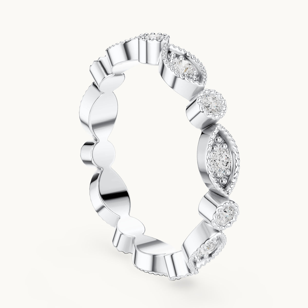 Round lab-grown diamond milgrain station full eternity band in white gold, 0.49 CT TW, view 1