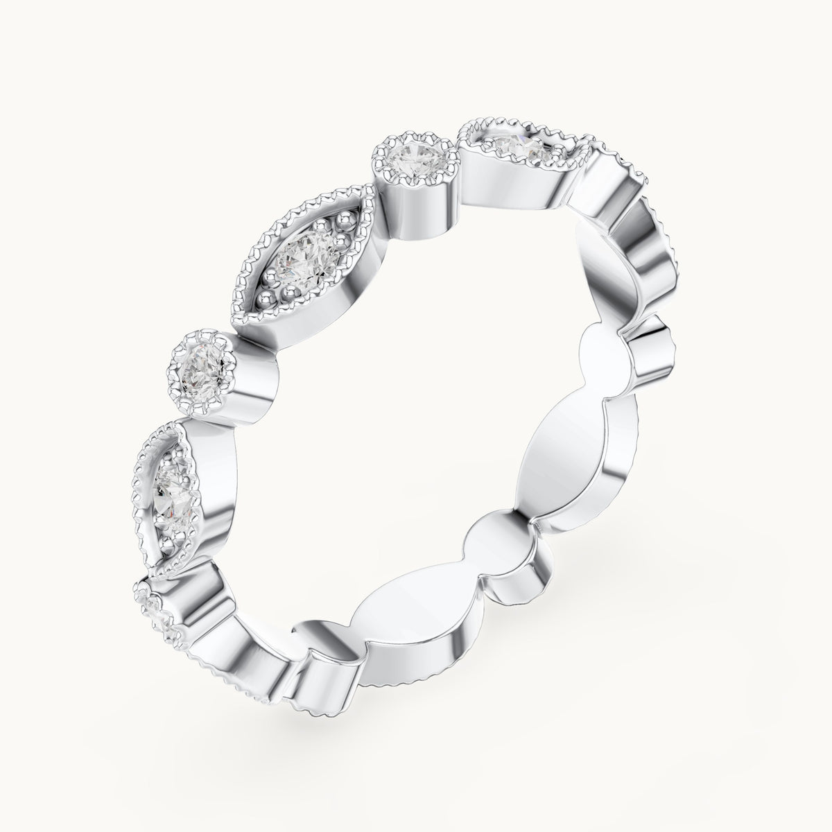 Round lab-grown diamond milgrain station full eternity band in white gold, 0.49 CT TW, view 2