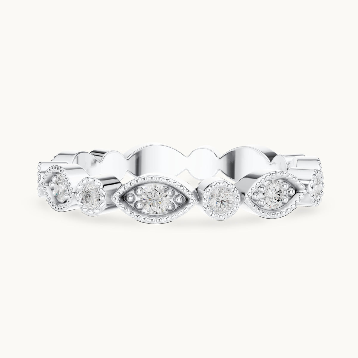 Round lab-grown diamond milgrain station full eternity band in white gold, 0.49 CT TW, view 3