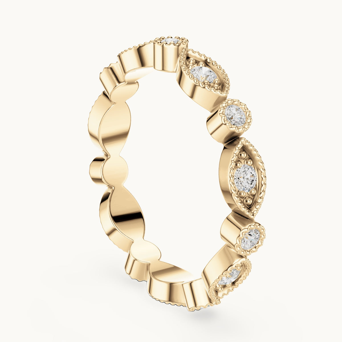 Round lab-grown diamond milgrain station full eternity band in yellow gold, 0.49 CT TW, view 1