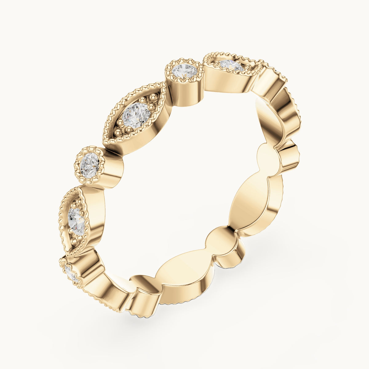 Round lab-grown diamond milgrain station full eternity band in yellow gold, 0.49 CT TW, view 2