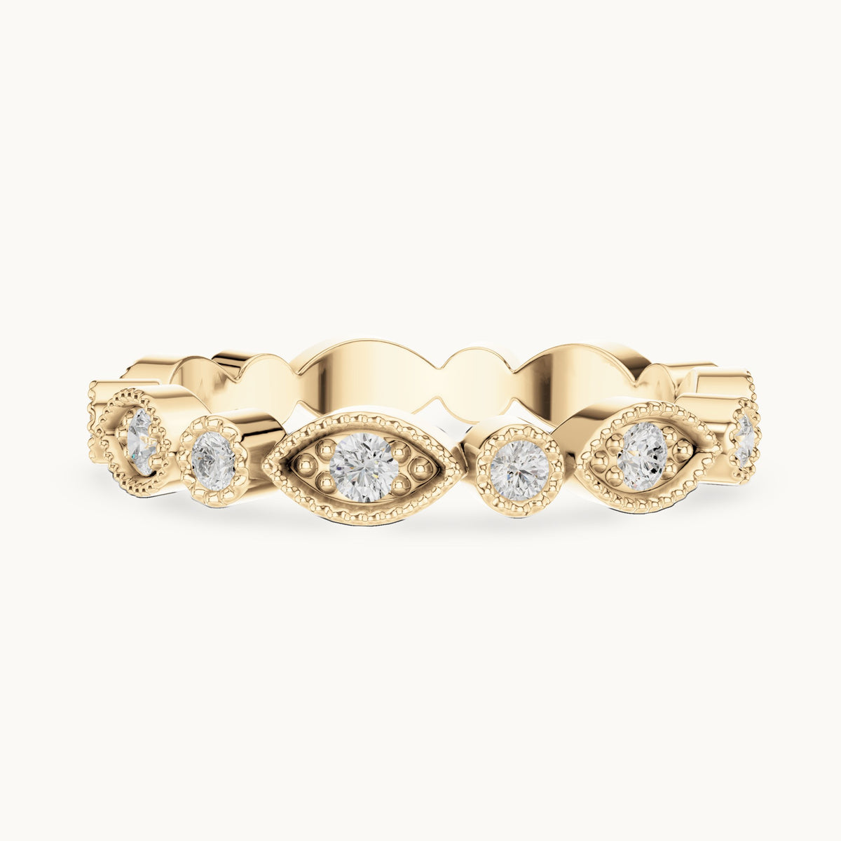 Round lab-grown diamond milgrain station full eternity band in yellow gold, 0.49 CT TW, view 3
