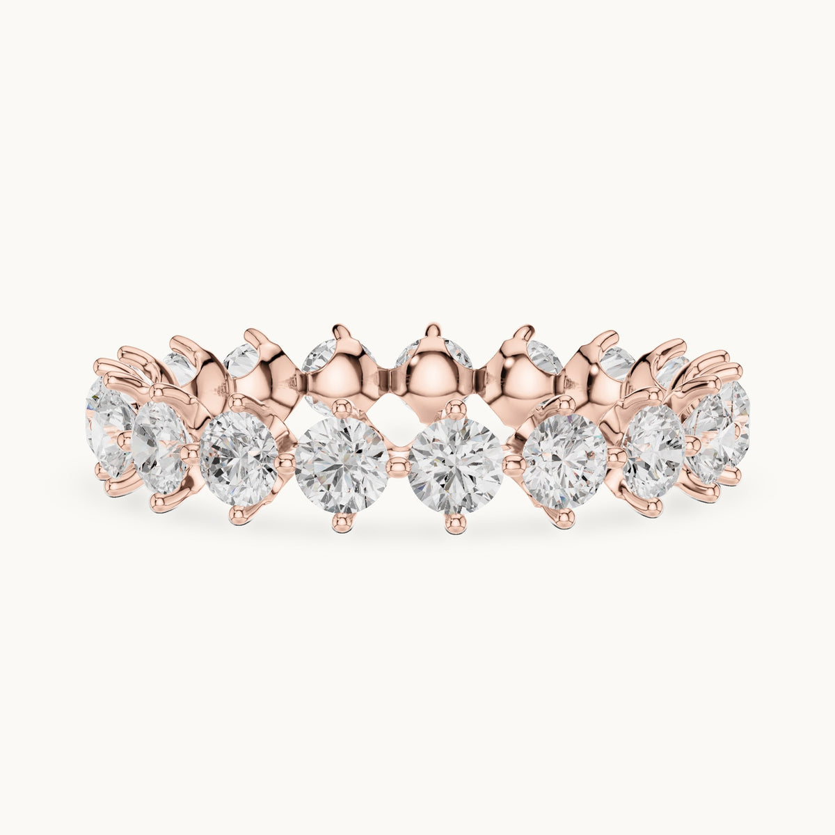 Round lab-grown diamond delicate prong full eternity band in rose gold, 2.09 CT TW, view 3
