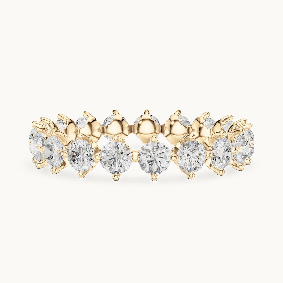 Round lab-grown diamond delicate prong full eternity band in yellow gold, 2.09 CT TW, view 3