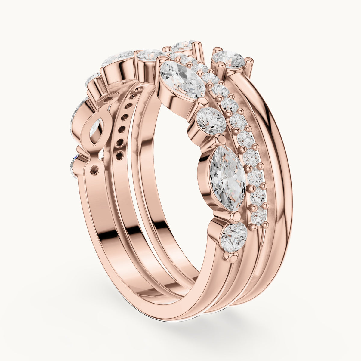 Marquise and round lab-grown diamond stackable band set of 3 in rose gold, 1.17 CT TW, view 1
