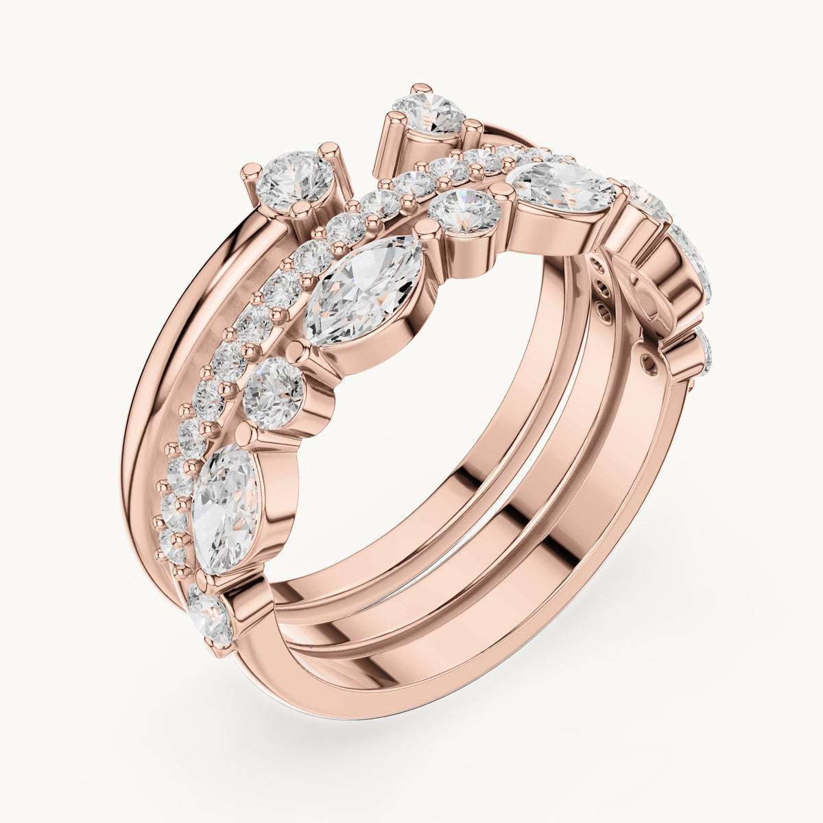 Marquise and round lab-grown diamond stackable band set of 3 in rose gold, 1.17 CT TW, view 2