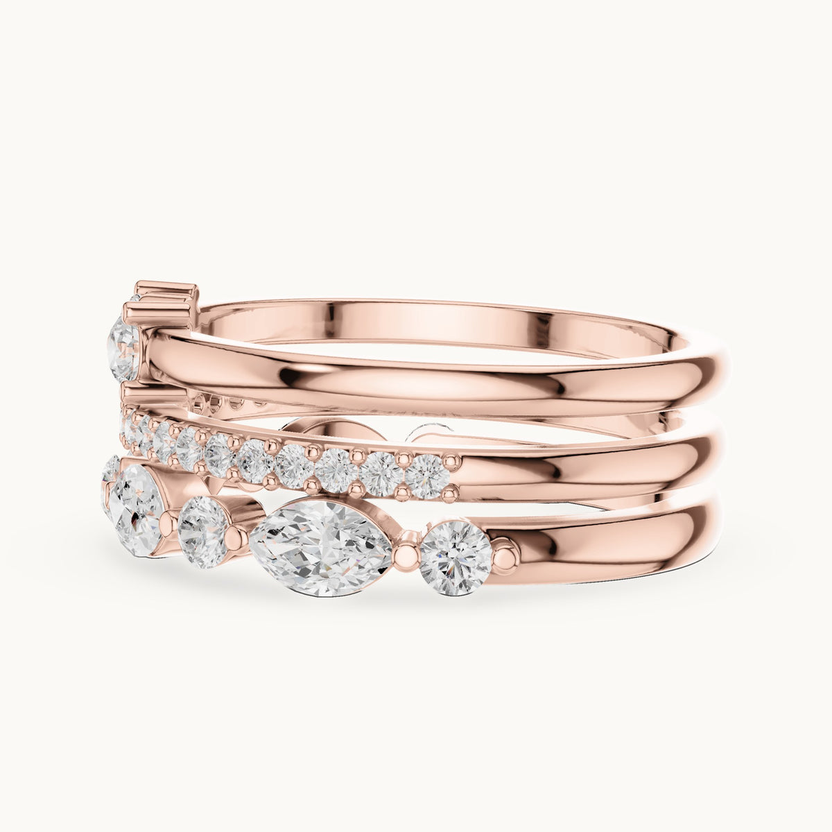 Marquise and round lab-grown diamond stackable band set of 3 in rose gold, 1.17 CT TW, view 3