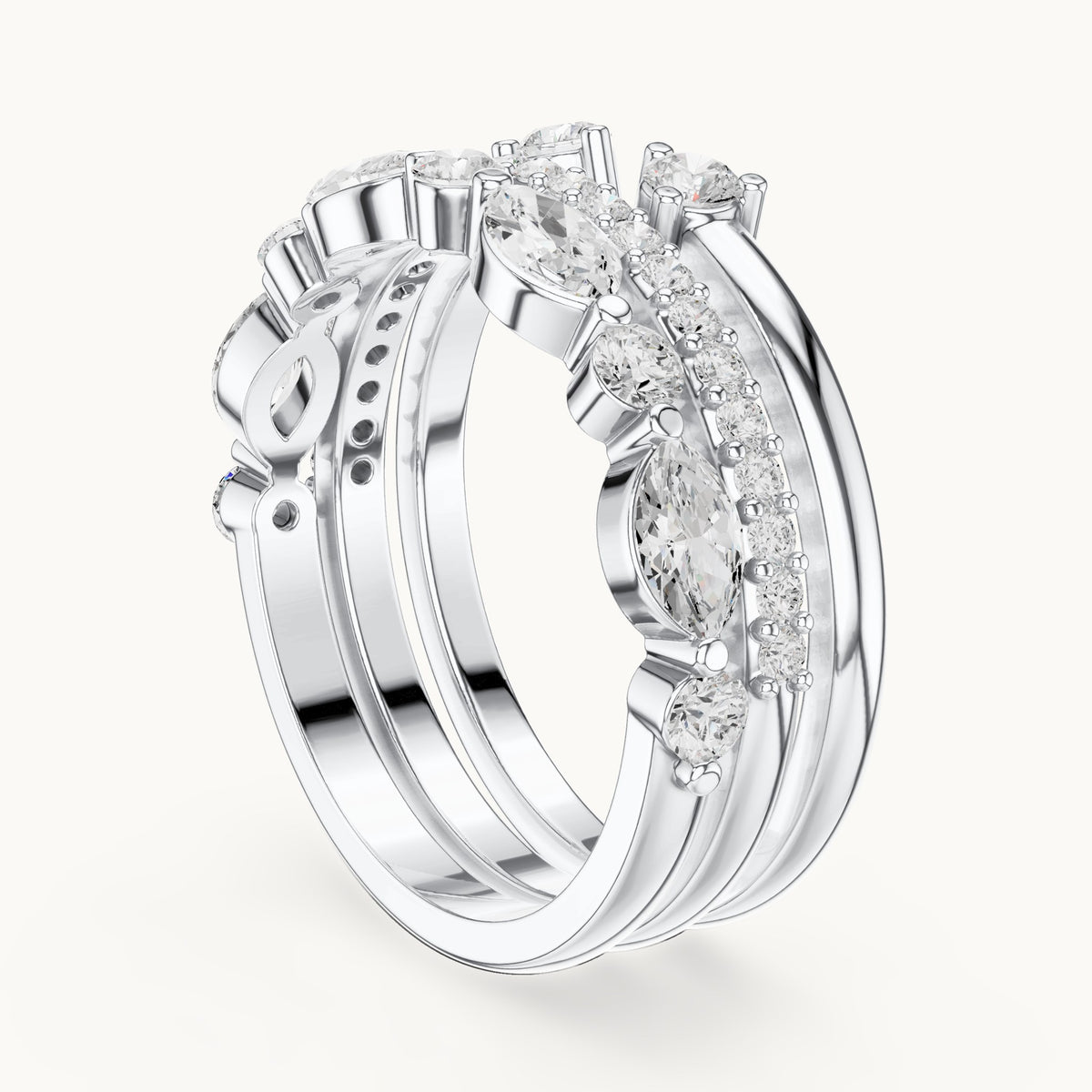 Marquise and round lab-grown diamond stackable band set of 3 in white gold, 1.17 CT TW, view 1
