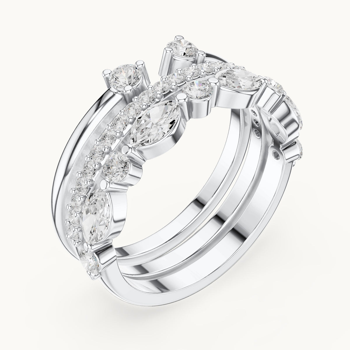 Marquise and round lab-grown diamond stackable band set of 3 in white gold, 1.17 CT TW, view 2