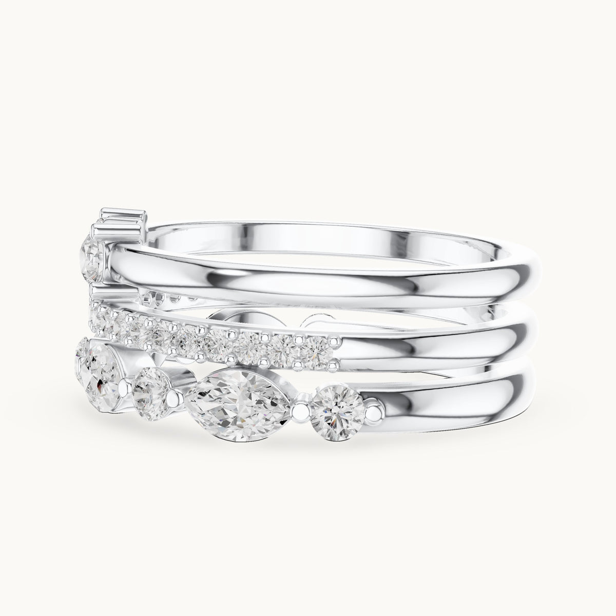 Marquise and round lab-grown diamond stackable band set of 3 in white gold, 1.17 CT TW, view 3