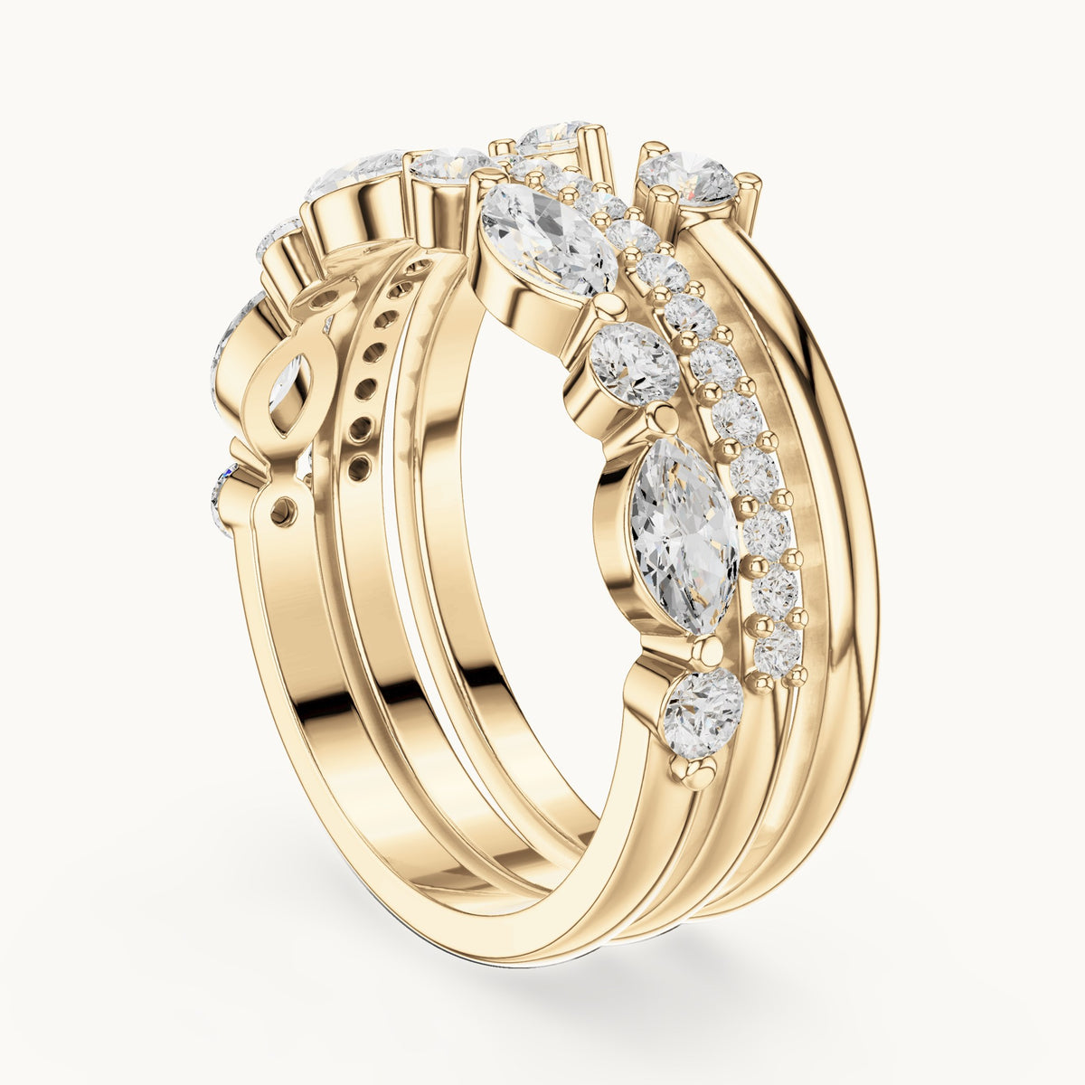Marquise and round lab-grown diamond stackable band set of 3 in yellow gold, 1.17 CT TW, view 1