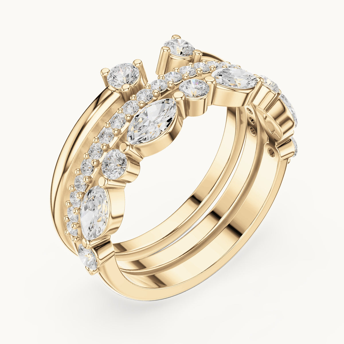Marquise and round lab-grown diamond stackable band set of 3 in yellow gold, 1.17 CT TW, view 2