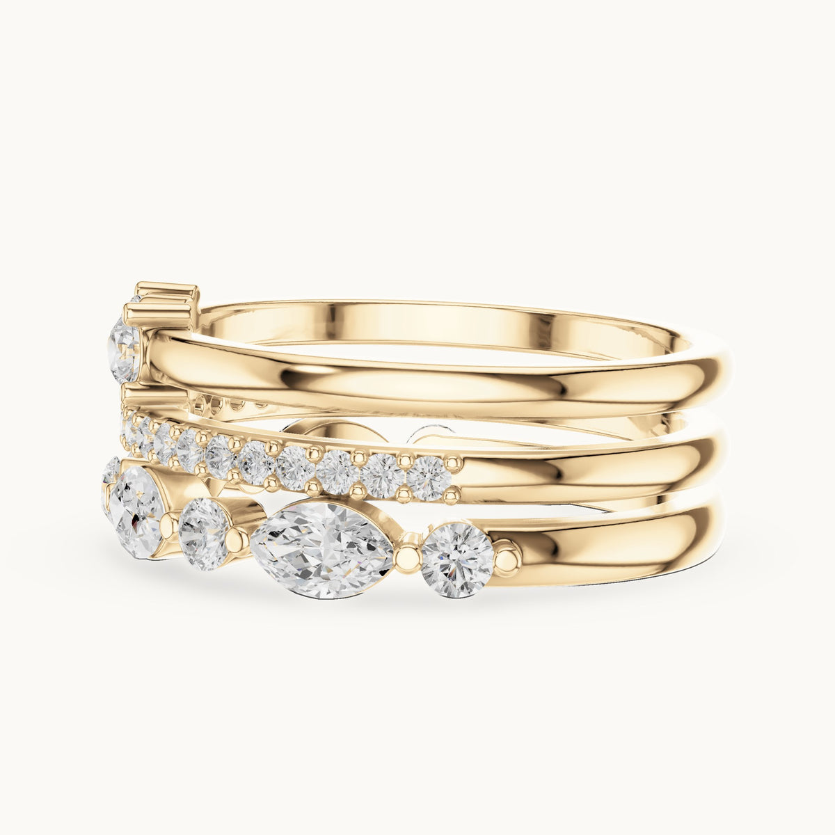 Marquise and round lab-grown diamond stackable band set of 3 in yellow gold, 1.17 CT TW, view 3