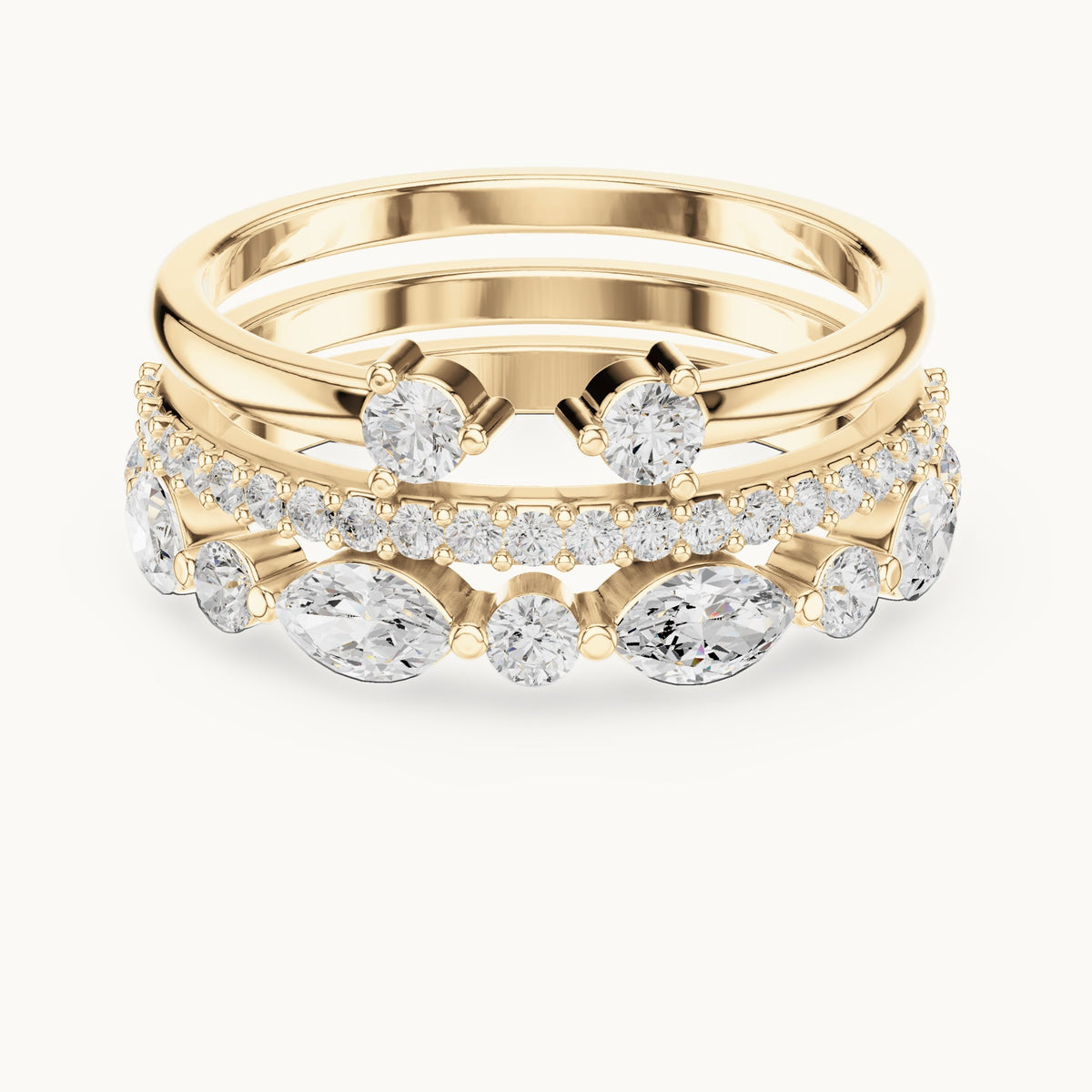 Marquise and round lab-grown diamond stackable band set of 3 in yellow gold, 1.17 CT TW, view 4