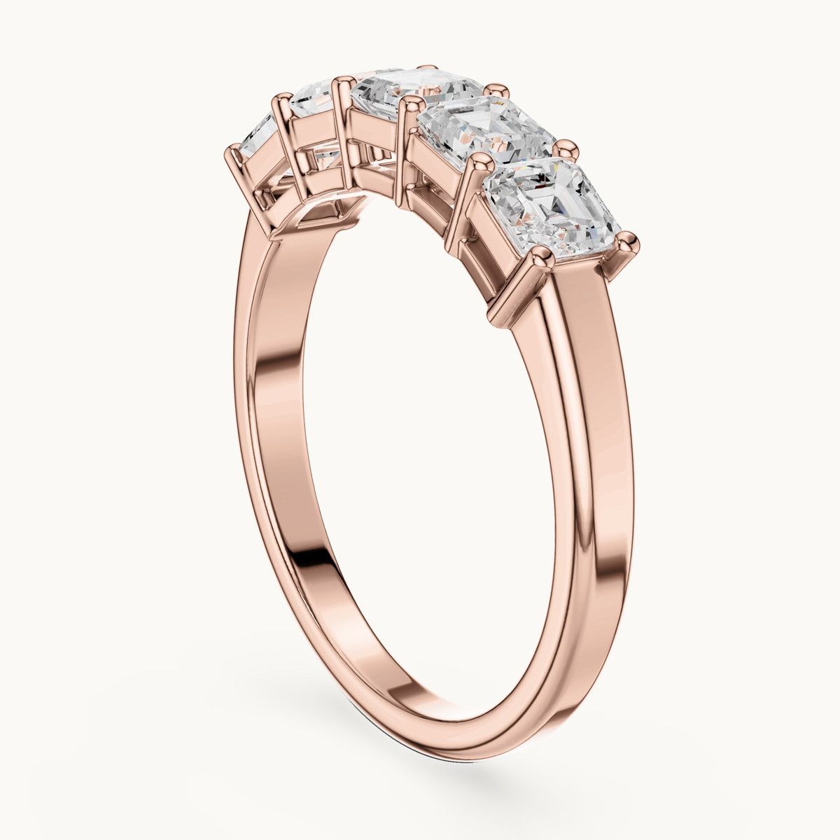 Square emerald-cut lab-grown diamond five stone band in 14K rose gold, 1.11 CT TW, view 1