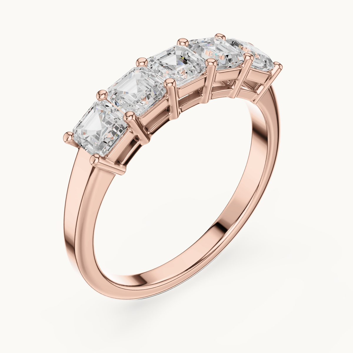Square emerald-cut lab-grown diamond five stone band in 14K rose gold, 1.11 CT TW, view 2