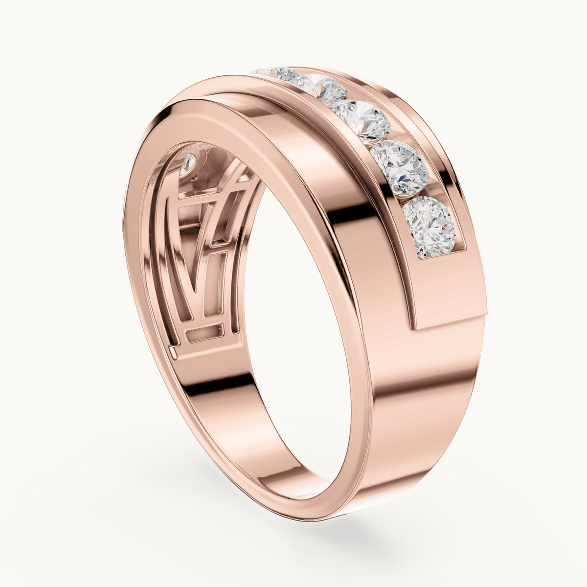 Round lab-grown diamond wide channel-set band ring in rose gold, 0.88 CT TW, view 1