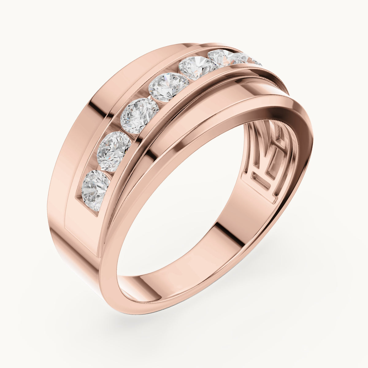 Round lab-grown diamond wide channel-set band ring in rose gold, 0.88 CT TW, view 2