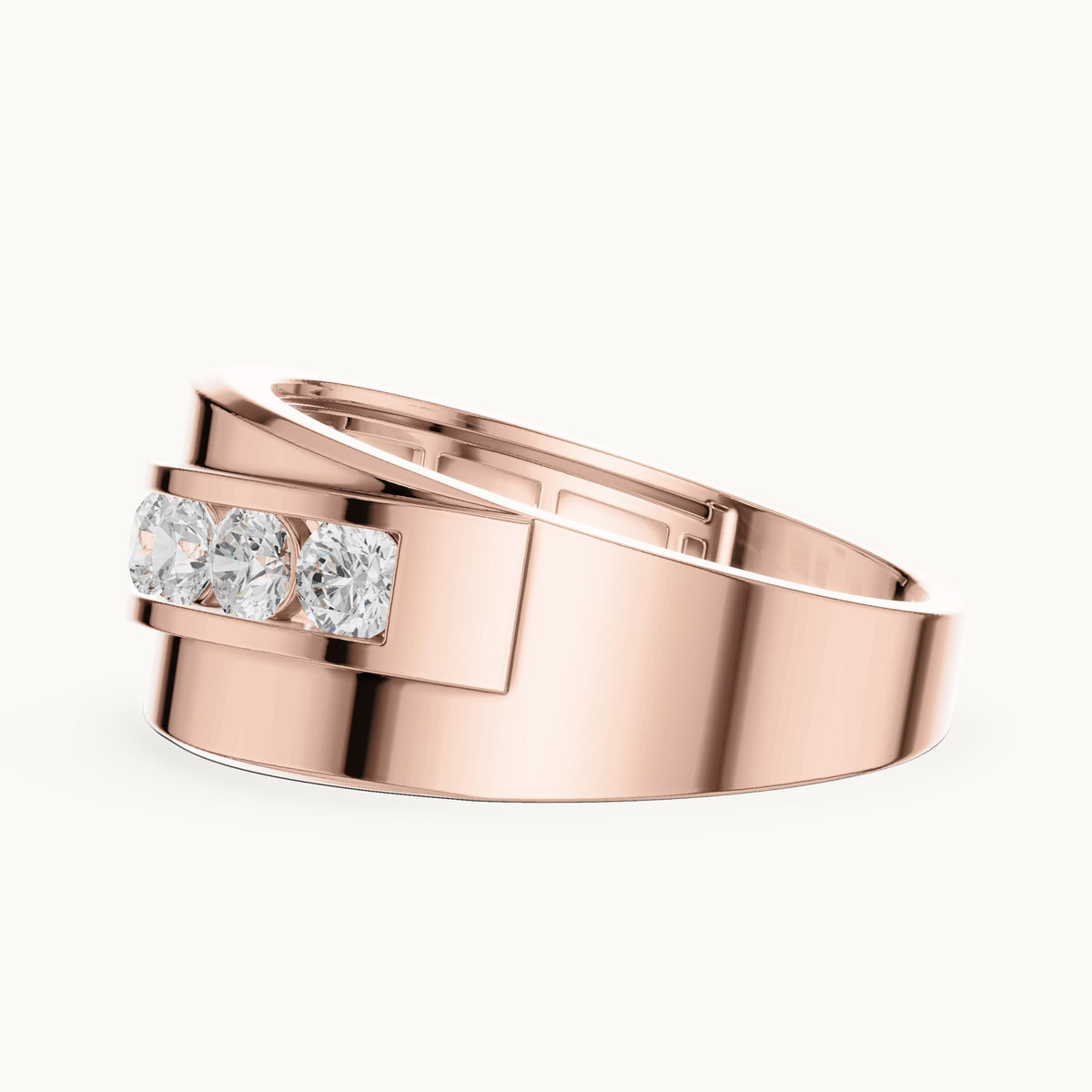 Round lab-grown diamond wide channel-set band ring in rose gold, 0.88 CT TW, view 3