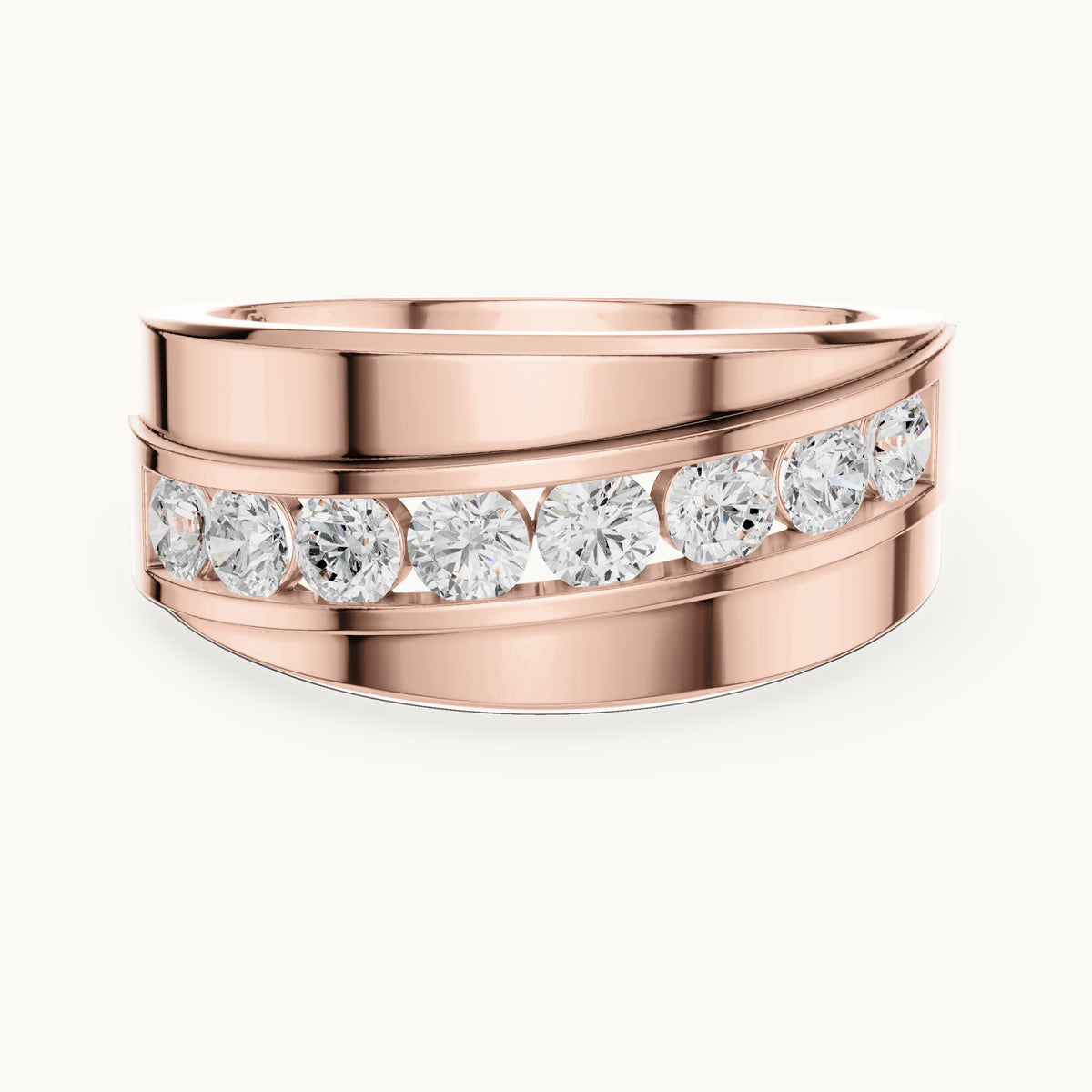 Round lab-grown diamond wide channel-set band ring in rose gold, 0.88 CT TW, view 4