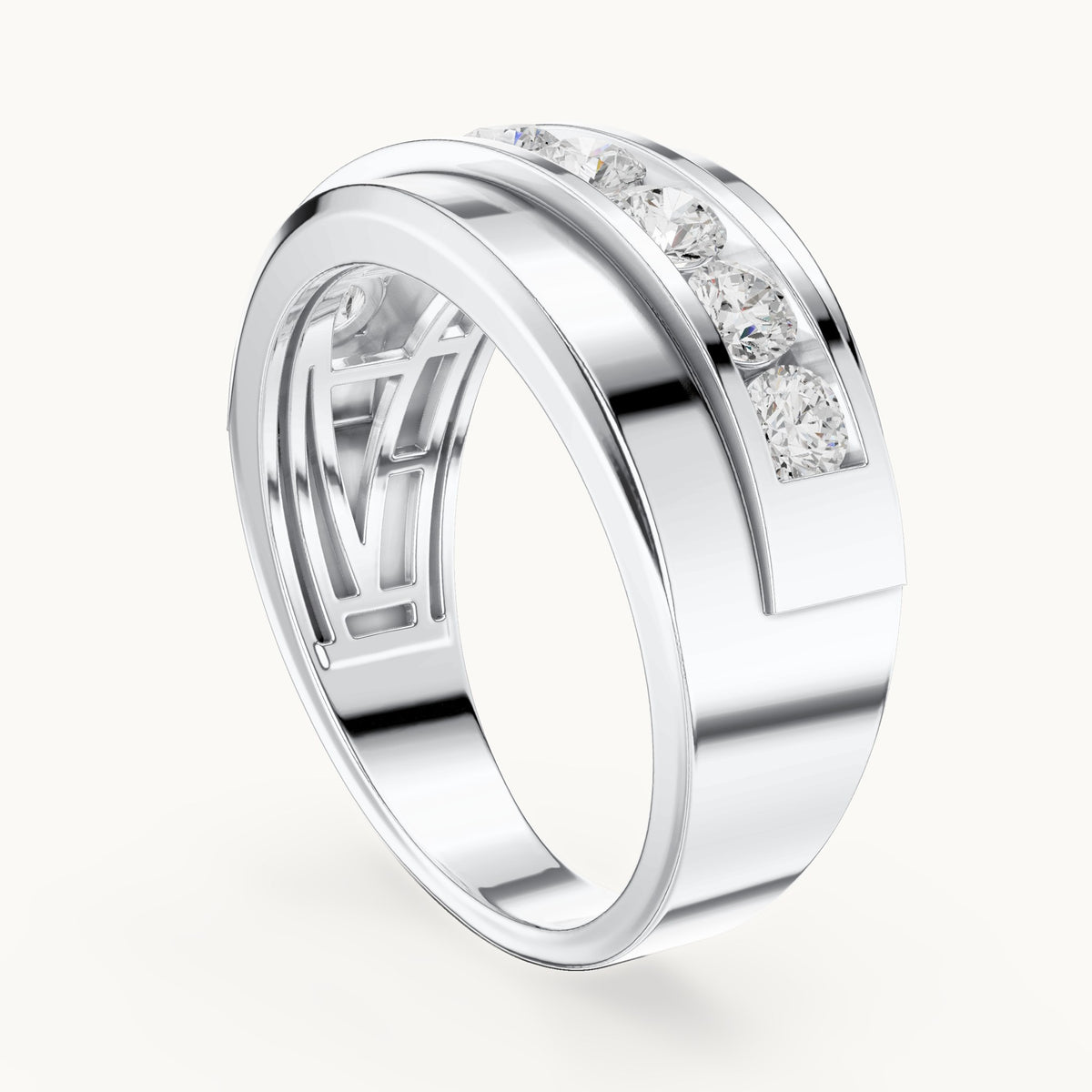 Round lab-grown diamond wide channel-set band ring in white gold, 0.88 CT TW, view 1