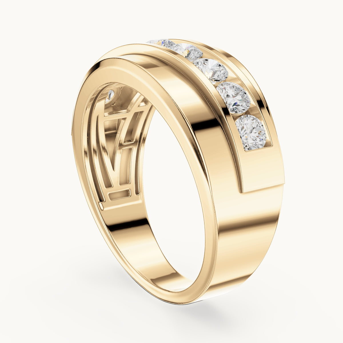 Round lab-grown diamond wide channel-set band ring in yellow gold, 0.88 CT TW, view 1