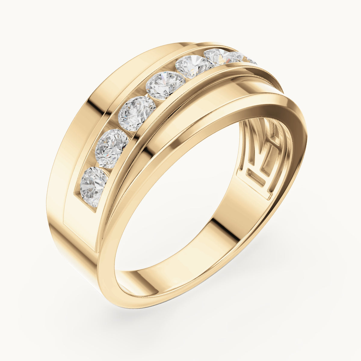 Round lab-grown diamond wide channel-set band ring in yellow gold, 0.88 CT TW, view 2