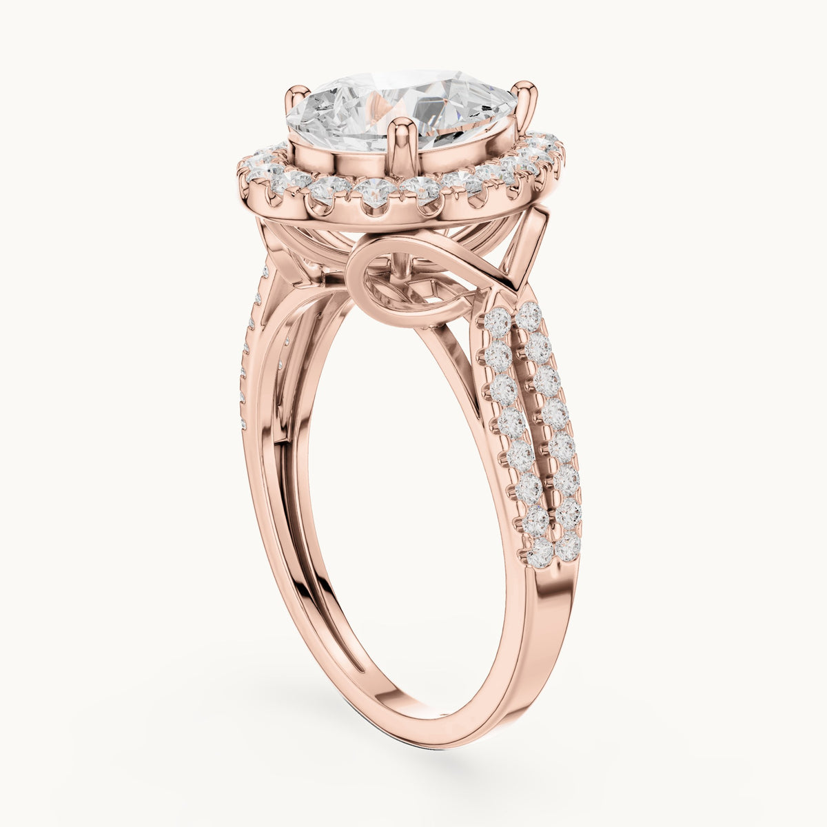 Pear and round lab-grown diamond halo engagement ring with pavé band in rose gold, 2.344 CT TW, view 1