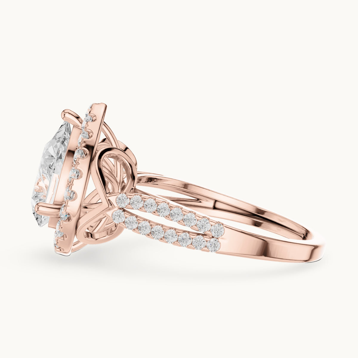 Pear and round lab-grown diamond halo engagement ring with pavé band in rose gold, 2.344 CT TW, view 3